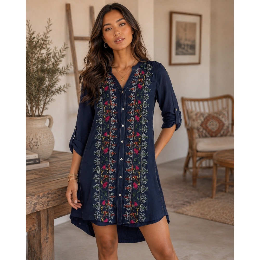 TINY Anthropologie Dress Women XS Blue Embroidered Tunic Boho Folk Peasant